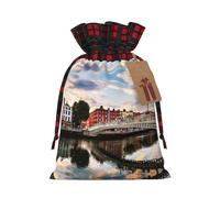 Dublin Ireland Ha Penny Bridge River Christmas Drawstring Linen Gift Bag Paired With Scottish Plaid Fabric, With A Delicate And Simple Texture