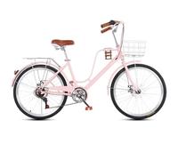 DUBTEDHOU Urban Commuter Bicycle, 7-Speed Cruiser Bicycle Front Basket Rear Rack Disc Brakes Multicolor 24inch 26inch(Pink,26inch)