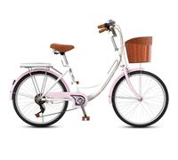 DUBTEDHOU Urban Commuter Bicycle, 7-Speed Step-Through Commuter Bicycle Front Basket Rear Rack Multicolor 24 26 inch(Pink,26inch)