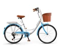 DUBTEDHOU Urban Commuter Bicycle, 7-Speed Step-Through Commuter Bicycle Front Basket Rear Rack Multicolor 24 26 inch(Blue,24inch)