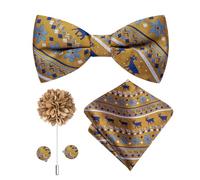 Dubulle Mens Christmas Pre Tied Bow Ties and Lapel Pin Festival Pattern Handkerchief Cufflinks Bowties for Men,Brown Blue