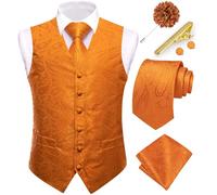 Dubulle Mens Floral Paisley Waistcoat and Tie with Lapel Pin Clip Set for Men Suit Vest Neckties for Tuxedo Wedding, Orange, L