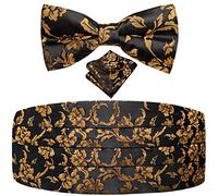 Dubulle Mens Paisley Floral Cummerbund and Bowtie Silk Pretied Bow Ties for Men Handkercheif Cufflinsk Set, Black Gold Bronze, M