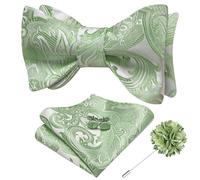 Dubulle Mens Self Tie Bow Ties and Lapel Pin Paisley Floral Bowtie for Men Pocket Square Cufflinks Set Wedding Business, Sage Green Sliver, M