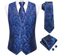 Dubulle Mens Suit Vest and Tie Set Paisley Floral Waistcoats for Men with Necktie Pocket Square Cufflinks Tuxedo Wedding, Black Royal Blue, Large