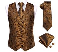 Dubulle Mens Suit Vest and Tie Set Paisley Floral Waistcoats for Men with Necktie Pocket Square Cufflinks Tuxedo Wedding, Black Orange, Medium