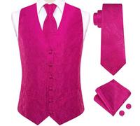 Dubulle Mens Suit Vest and Tie Set Paisley Floral Waistcoats for Men with Necktie Pocket Square Cufflinks Tuxedo Wedding, Hot Pink, Large