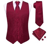 Dubulle Mens Suit Vest and Tie Set Paisley Floral Waistcoats for Men with Necktie Pocket Square Cufflinks Tuxedo Wedding, Burgundy, X-Large