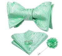 Dubulle Mint Green Bow Ties Lapel Pin for Men Self Tie Paisley Floral Mens Bowtie and Handkerchief Cufflinks Business Wedding