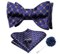 Dubulle Royal Blue Brown Self Tie Bow Ties Lapel Pin for Men Mens Paisley Floral Bowtie and Handkerchief Cufflinks Business Wedding