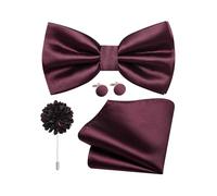 Dubulle Satin Pre-tied Bow Ties for Men Solid Adjustable Bowties Pocket Square Lapel Pin Cufflinks 4PCS Set Business Wedding, Wine Red, Mens(4.72inch *2.76inch)