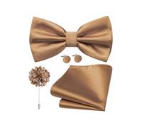 Dubulle Satin Pre-tied Bow Ties for Men Solid Adjustable Bowties Pocket Square Lapel Pin Cufflinks 4PCS Set Business Wedding, Khaki Brown, Mens(4.72inch *2.76inch)