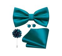 Dubulle Satin Pre-tied Bow Ties for Men Solid Adjustable Bowties Pocket Square Lapel Pin Cufflinks 4PCS Set Business Wedding, Teal, Mens(4.72inch *2.76inch)