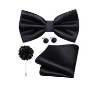 Dubulle Satin Pre-tied Bow Ties for Men Solid Adjustable Bowties Pocket Square Lapel Pin Cufflinks 4PCS Set Business Wedding, Black, Mens(4.72inch *2.76inch)
