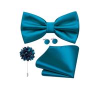 Dubulle Satin Pre-tied Bow Ties for Men Solid Adjustable Bowties Pocket Square Lapel Pin Cufflinks 4PCS Set Business Wedding, Teal Blue, Mens(4.72inch *2.76inch)