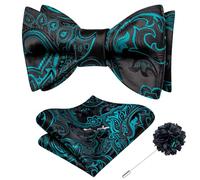Dubulle Self Tie Bow Ties and Lapel Pin for Men Paisley Solid Mens Bowtie and Handkerchief Cufflinks Set Wedding, Black Teal, M