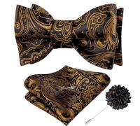 Dubulle Self Tie Bow Ties for Men Black Orange Paisley Floral Mens Lapel Pin Bowtie and Handkerchief Cufflinks Business Wedding