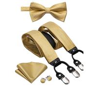 Dubulle Suspender and Bow Tie for Men Paisley Solid Mens Suit Braces Pretied Bowtie and Handkerchief Cufflinks Formal Wedding, A-gold, M