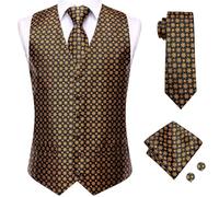 Dubulle Waistcoat and Ties for Men Christmas Mens Vest Snowflake Reindeer Necktie and Pocket Square Set Party,Black and Gold,S