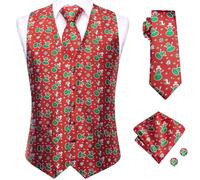 Dubulle Waistcoat and Ties for Men Christmas Mens Vest Snowflake Reindeer Necktie and Pocket Square Set Party,Red Green White,3XL