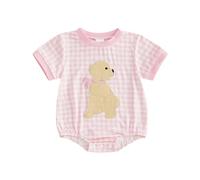 Dubute Baby Bubble Romper Boy Girl Oversized Plaid Dog Embroidery Rompers Short Sleeve Shirts Summer Clothes Cute Outfits (Pink, 6-12 Months)