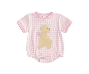 Dubute Baby Bubble Romper Boy Girl Oversized Plaid Dog Embroidery Rompers Short Sleeve Shirts Summer Clothes Cute Outfits