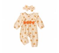 Dubute Baby Halloween Outfits Cute Pumpkin Print Long Sleeve Romper + Headband Set Newborn My First Halloween Clothes (A-Apricot, 9-12 Months)