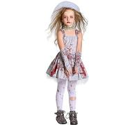 Dubute Halloween Costume Outfit Girls Gothic Sleeveless Bloody Dress Zombie Bride Costume Cosplay Dress Up Party (Grey, 10-12 Years)