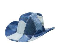 Dubute Halloween Western Cowboy Hat for Women Men Rolled-Up Patchwork tie dye Denim Cowgirl Hat with Belt (Blue, ONE SIZE)
