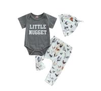 Dubute Infant Baby Boy Letter Short Sleeve Romper and Long Pants Coming Home Outfit Cute Clothes Sets with Hat (Little Nugget Chicken Grey, 6-12 Months)
