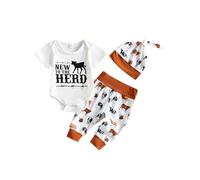 Dubute Infant Baby Boy Letter Short Sleeve Romper and Long Pants Coming Home Outfit Cute Clothes Sets with Hat (White New to The Herd, 0-3 Months)