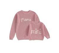 Dubute Mommy and Me Matching Letter Print Sweater Long Sleeve Knitted Holiday Photo Shoot Sweatshirts for Women Kid Girl (Baby, 3-6 Months, Pink)