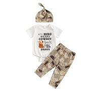 Dubute Newborn Baby Boy Clothes Western Cowboy Letter Outfits Short Sleeve Romper + Pants + Hat Set 0-18M (White My Hero Wears Cowboy, 0-3 Months)