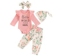 Dubute Newborn Baby Girls Clothes Ribbed Ruffled Romper+Floral Pants+Headband Hat Infant Coming Home Outfit Set (Pink-Hello world i'm new here, Newborn)