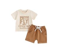 Dubute Toddler Baby Boy Cotton Clothes Letter Print Short Sleeve T Shirt Stretch Rolled Shorts Cute Outfits (Beige Pretty Fly for A Little Guy, 2-3 Years)