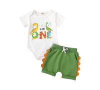 Dubute Toddler Baby Boy Girl First Birthday Outfit Dinosaur Short Sleeve Romper/T-Shirt Tops Jogger Shorts Set Summer (Green-I AM ONE, 6-12 Months)