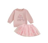 Dubute Toddler Baby Girl Easter Skirts Set Bunny Printed Sweatshirt Tutu Mesh Skirts Cute Little Girl Spring Outfits (Pink-happy easter, 18-24 Months)