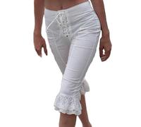 Dubute Women Capri Pants Front Cross Tie-Up Waist Y2k Cropped Leggings Knee Length Lace Frill Crop Tights Trousers (White, S)