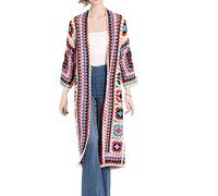 Dubute Women's Boho Cardigan Sweater Long Sleevle Open Front Maxi Floral Knitwear Crochet Granny Square Thin Coat (A-Rose Red, ONE Size)