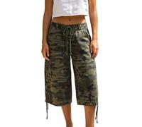 Dubute Women's Camo Cargo Culottes High Waisted Drawstring Wide Leg Capri Pants with Pockets for Casual Streetwear (Green, M)