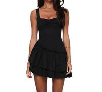 Dubute Women's Summer Ruched Corset Dress Spaghetti Strap Fit and Flare Flowy Skater Mini Cami Dress (Black-A, M)