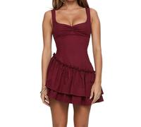 Dubute Women's Summer Ruched Corset Dress Spaghetti Strap Fit and Flare Flowy Skater Mini Cami Dress (Burgundy-A, L)