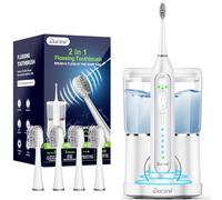 Ducard Electric Toothbrush with Water Flosser, 3 Sonic Toothbrush Modes & 5 Water Flossing Speeds Flossing Toothbrush Combo for Teeth Cleaning Plaque Removal with 4 Replacement Heads,Sliver White