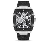 DUCATI DT002 Men's Industrial Design Watch with 40mm Rectangular Case, Black Semi-Transparent Dial, 3 Hands & Date, Water Resistant, Black Leather Strap with Silicone Base, Black, strap