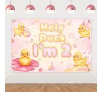 Duck 2nd Birthday Backdrop Holy Duck Im Two Birthday Decorations Pink Farm Animals Themed Background Backdrop Animal 2 Year Old Photography Background for Girls Second Bday Party Supplies 5 * 3ft