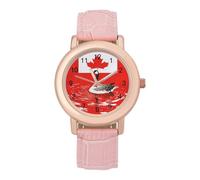 Duck and Canada Flag Women's Wrist Watches Pink Leather Strap Round Case Three-Hand Casual Ladies Watches