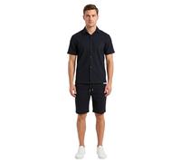 Duck and Cover Men’s Hingham 2-Piece Shirt and Shorts Co-ord Set - Black Cuban Collar Crinkle Fabric Summer Outfit - Casual Resort Wear Short Sleeve Set