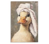 Duck Bathroom Canvas Wall Art, Charming Duck with Towel In Head Portrait Painting, Rustic Quirky Animal Bathroom Poster, Unique Humor Goose Picture for Kids Restroom Wall Decor 12x16in Unframed