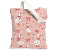 Duck Canvas Tote Bag for Women, Playful Fanciful Bow Chrysanthemum Spring Peach Washable Reusable Everyday Tote Bag Ideas for Shopping Trips Office Library Casual 13x15 Inch