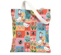 Duck Canvas Tote Bag for Women, Spring Playful Bee Flower Spring Pastel Washable Reusable Graphic Tote Bag for Shopping Brunch Park Library Day Trips 13x15 Inch
